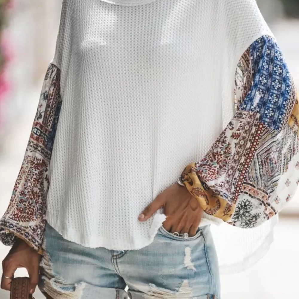 Oversized Bohemian White Waffle Knit Top